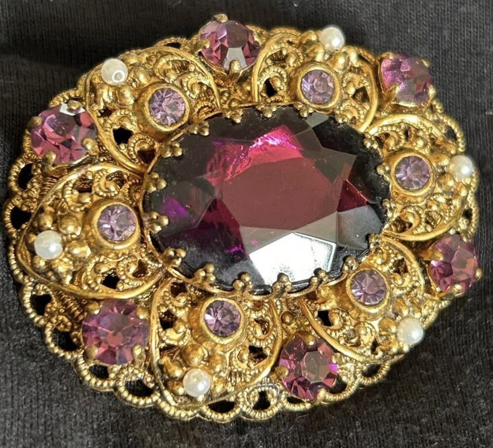 Vintage West Germany Purple Rhinestone Faux Pearl Filigree Brooch Statement